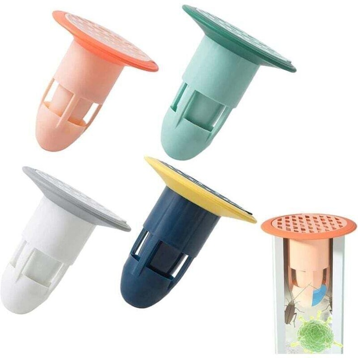 Set 4 bucati, Sifon de podea pentru dus din ABS+TPR, anti-odor 360° cu filtru pentru par si extensor silicon, Multicolor, 4 x 1 buc