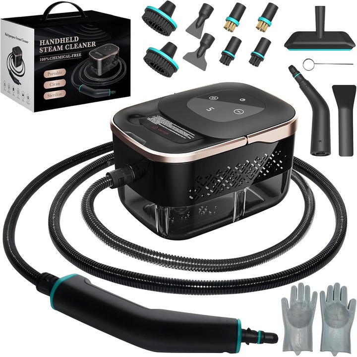 Aparat de curatat cu abur multifunctional, 2500W, rezervor 1200ml, 4 bar, 6 trepte de abur, 15 accesorii incluse, Negru