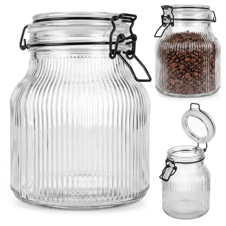 Borcan de sticla canelat pentru conserve 1250 ml, etans cu inchidere, gravat Tragar