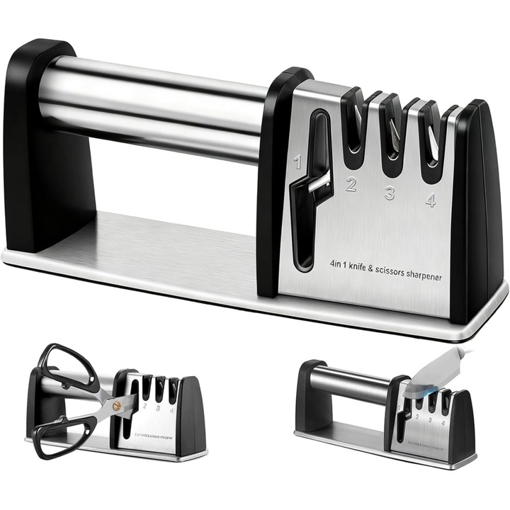 Aparat de ascutit cutite manual, ascutitor 4 trepte (4 in 1) pentru cutite si foarfece, din otel inoxidabil, baza antiderapanta, negru/argintiu, 1 buc
