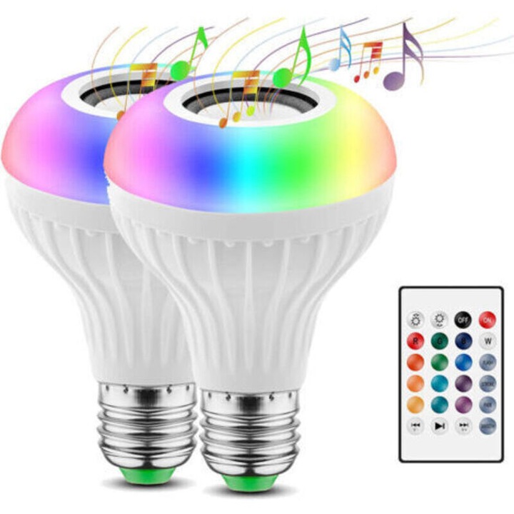 2 db E27 Bluetooth LED izzó készlet, 12W, többszínű, 10x6cm