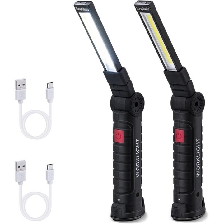 COB LED munkalámpa, 5 üzemmód, mágneses, újratölthető, 2 darabos készlet, nagy