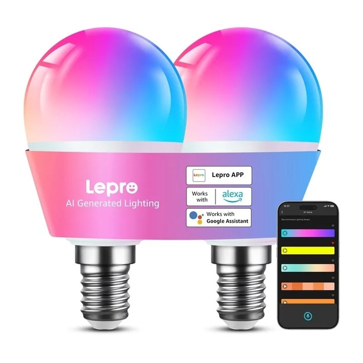 Bec LED LEPRO BP1-2 E14 cu Bluetooth si Wi-Fi, 470 lm, pachet de 2 bucati