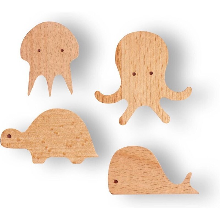 Set 4 bucati, cuier de perete / carlige din lemn, forme animale marine: meduza, caracatita, broasca testoasa, balena, din fag natural, finisaj neted, montare cu suruburi sau autocolant fara urme, natural