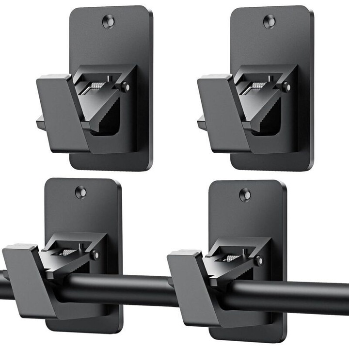 Set 4 bucati, Suport tringle fara gaurire autoadeziv din ABS, cu optiune fixare cu suruburi, pentru tringle/bara de dus 1,5-3 cm, Negru
