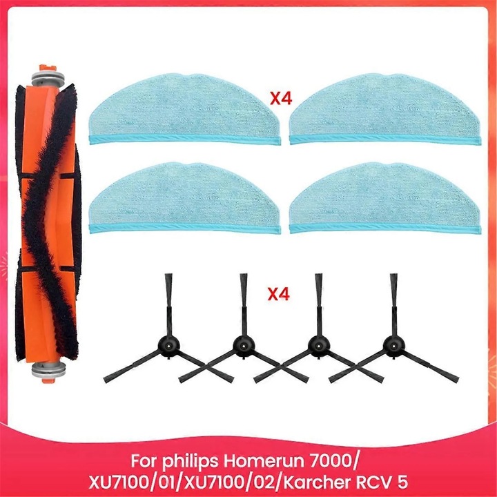 Set piese de schimb aspirator compatibil cu Philips Homerun 7000/XU7100/01/02 si Karcher RCV 5, rola perie centrala, 4 perii laterale, 4 lavete mop, plastic, Multicolor, 1 set