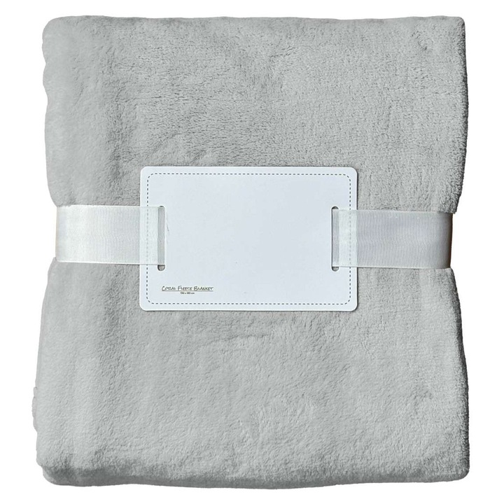 Patura coral fleece premium, Geravian, 130/180 cm, ultra-moale, cu ambalaj pentru cadou, silver