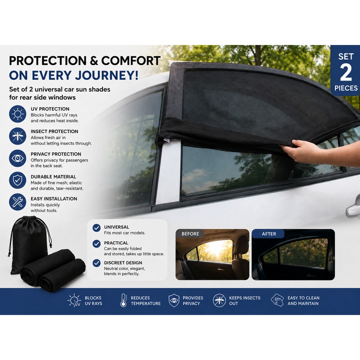 Set 2 Parasolare Auto pentru Geam Spate, Protectie UV pentru Copii si Bebelusi, Acoperire Completa, Universal, 80x60 cm, Negru