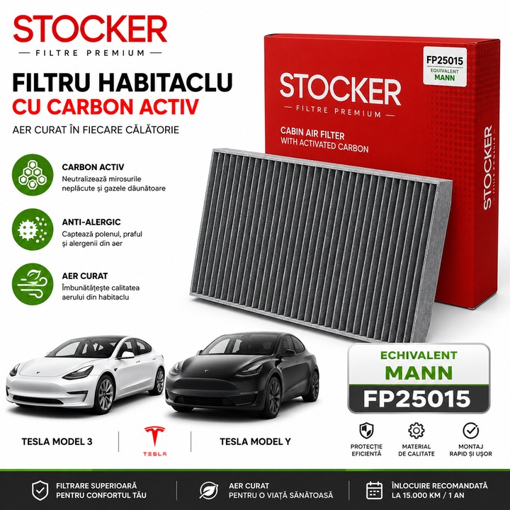 Stocker Aktív Szén Utastérszűrő Készlet, MANN FP25015 Ekvivalens, Kompatibilis Tesla Model 3 és Tesla Model Y