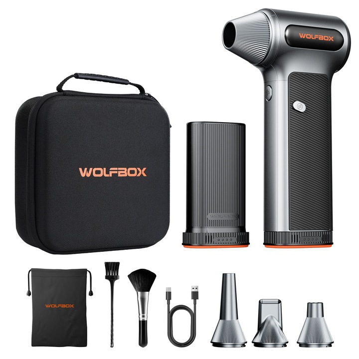 Wolfbox MF200 elektromos légfúvó készlet, Kiegészítő akkumulátor, Hordtáska, Kefe nélküli motor 150000 RPM, Vezeték nélküli, billentyűzet, PC, autó pormentesítéséhez