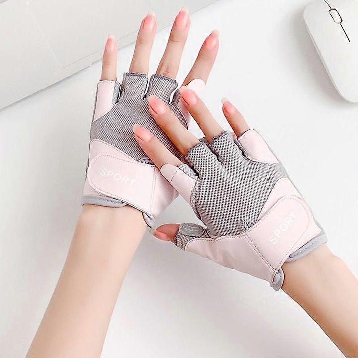 Manusi de ciclism pentru femei din textil si piele sintetica, fara degete, antiderapante si rezistente la uzura, cu protectie palma A05-JS1, Gri/Roz, S-M-L