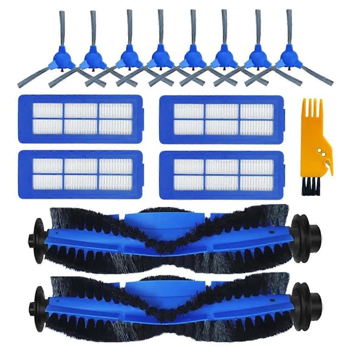 Set piese de schimb, accesorii de curatare compatibile cu RoboVac 11S/11S Max/15C Max/30C Max/35C Max/15T Max/39 Max/G10/G20/G30/G32 Edge/Verge Hybrid, 2 perii principale, 8 perii laterale, 4 filtre, perie de curatare inclusa, albastru/negru, 15 piese