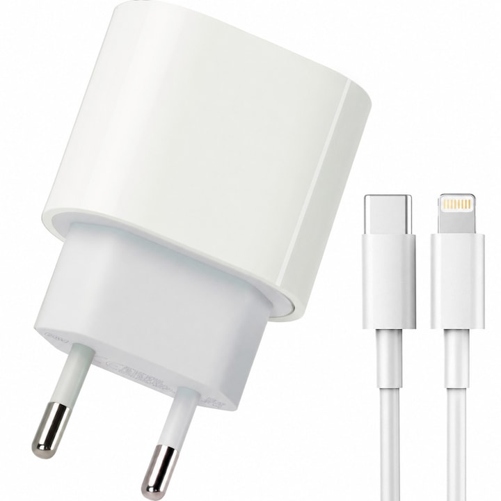 Incarcator tip C 20W + Cablu Lightning 1m, Fast Charge, Power Delivery, compatibil iPhone 14/13/12/11 Pro Max/X/XS/SE, iPad, AirPods