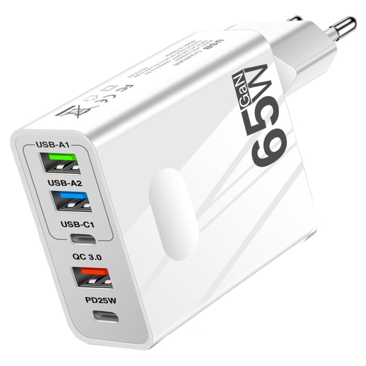 Hálózati töltő, 65W gyors töltés, 5 port, 3 x USB, 2 x Type-C, Univerzálisan kompatibilis iPhone, Huawei, Samsung, Xiaomi, Fehér