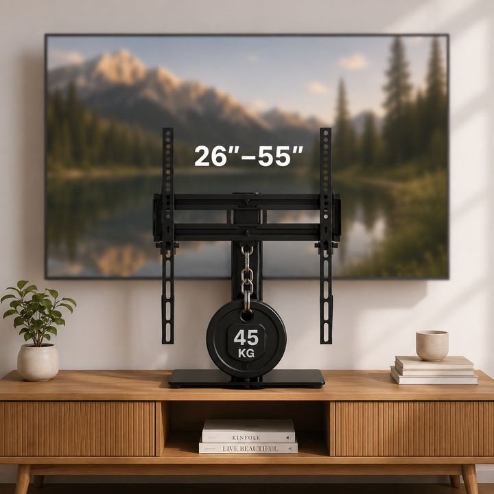 Suport TV pentru televizor 26-55 Inch, 45 Kg, Stand TV Universal Rotativ ±50°, VESA maxim 400x400, Sticla Securizata 8 mm, masa, comoda, noptiera, pentru LED LCD OLED, Reglabil, Management Cabluri, Fara Gaurire, Negru