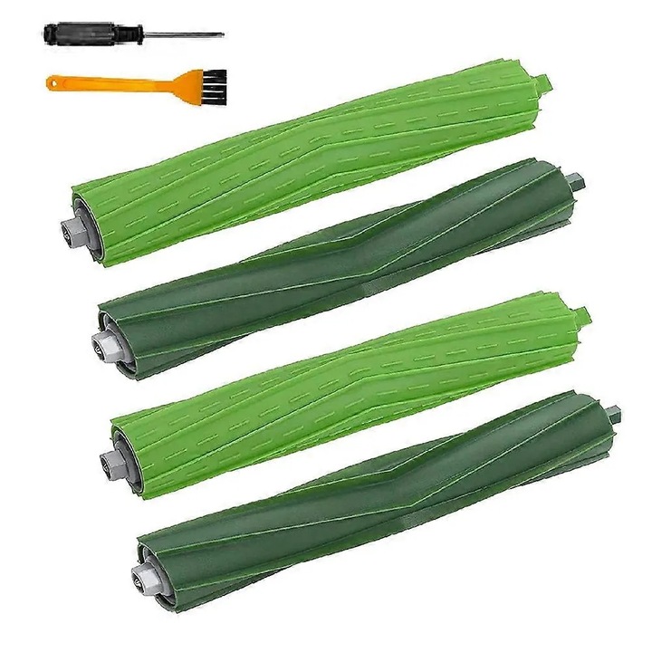 Set 2 perechi, role perie/roller de schimb compatibile iRobot Roomba i3/i3+/i6/i6+/i7/i7+/i8/i8+/E5/E6/E7, design dual pentru multiple suprafete, capteaza par si praf, plastic, verde