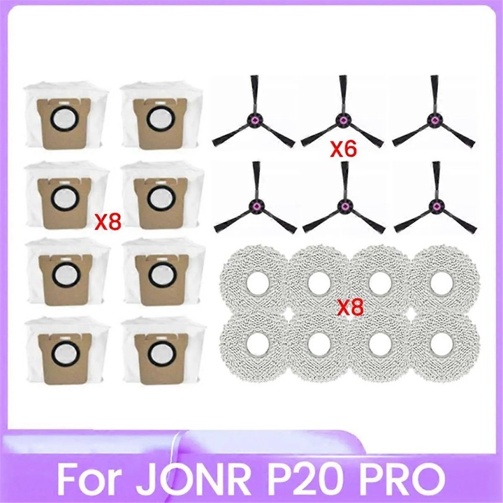 Set 22 piese, accesorii pentru aspirator robot P20 Pro, 6 perii laterale, 8 saci de praf, 8 lavete mop, plastic, multicolor