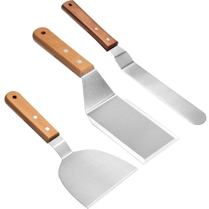 Set 3 bucati, spatule/palete pentru plancha, din otel inoxidabil 2Cr13, manere din lemn ergonomice, include spatula pentru steak 26 cm, spatula curbata 20 cm si grattoir, argintiu/maro