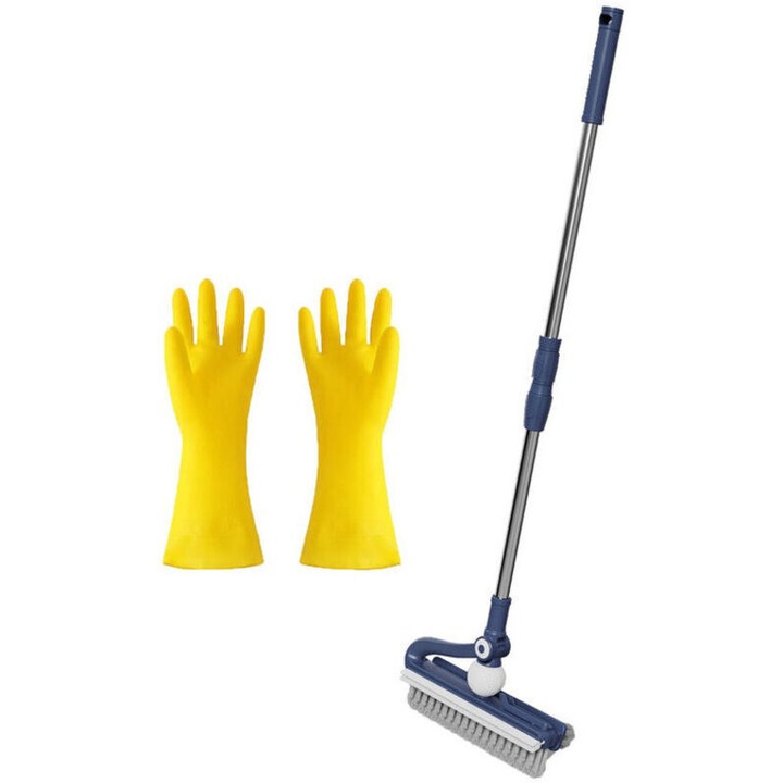 Set perie de podea pentru baie cu suport si manusi din latex, multifunctionala, peri rezistenti si durabili, maner ergonomic, albastru/galben, 1 set