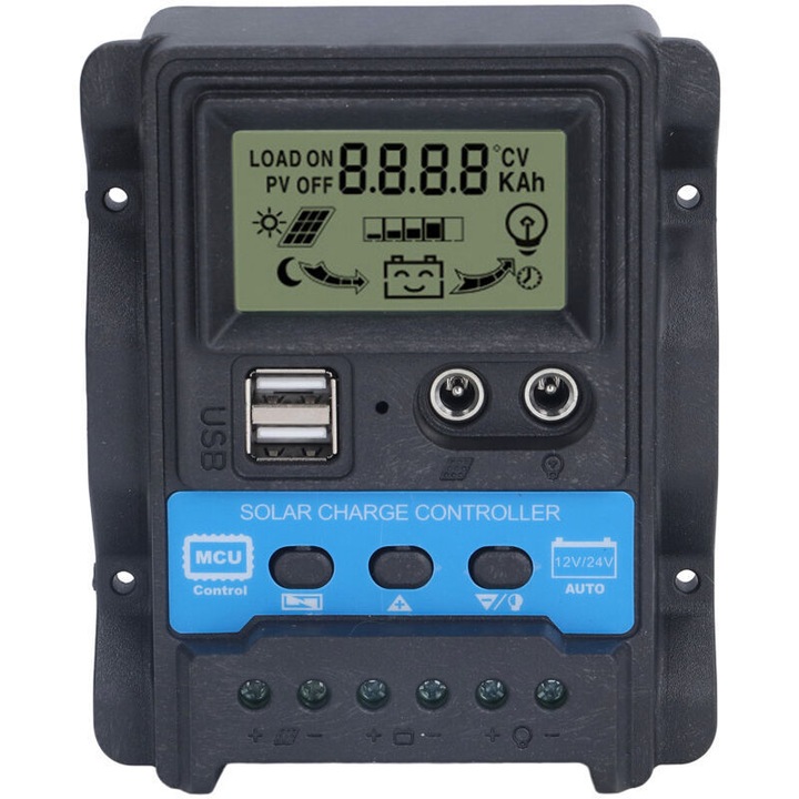 Controler incarcare solara 20A 12V-24V, ecran LCD, dubla iesire USB, 260W-520W