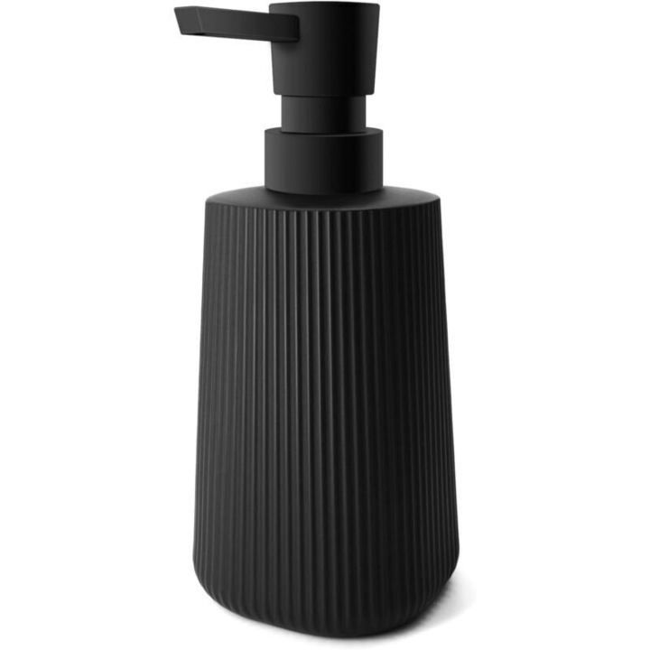Üveg szappanadagoló/dispenser, újratölthető, 380 ml, csíkos csúszásgátló dizájnnal és négyzetes alappal, Fekete, 1 darab