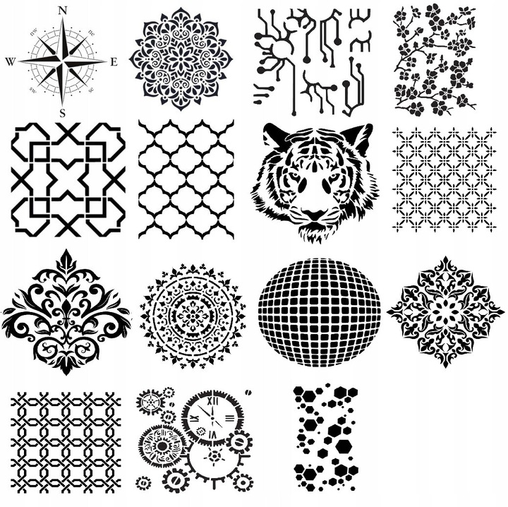 15 darabos készlet, D-CORpro Mandala dekorvakolat sablon, építészeti betonhoz, újrafelhasználható, vízálló PP fóliából, átlátszó, 25x25 cm