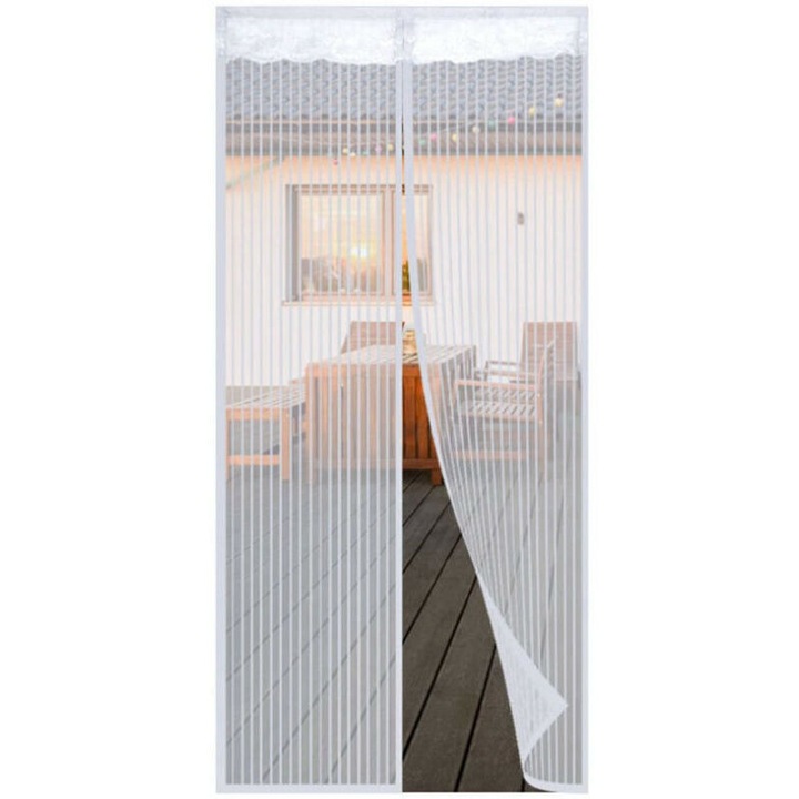 Plasa anti-tantari magnetica pentru usa, perdea insecte cu inchidere automata cu magneti, montare fara unelte cu banda adeziva si pioneze, plasa fina din nylon, alb, 90 x 210 cm