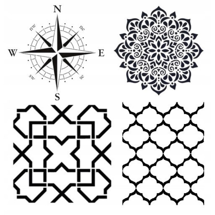 4 darabos készlet, D-CORpro Mandala dekorvakolat sablon, újrafelhasználható, kemény PP fólia, mosható, 3D építészeti beton hatás, Fekete, 4 x 25x25 cm