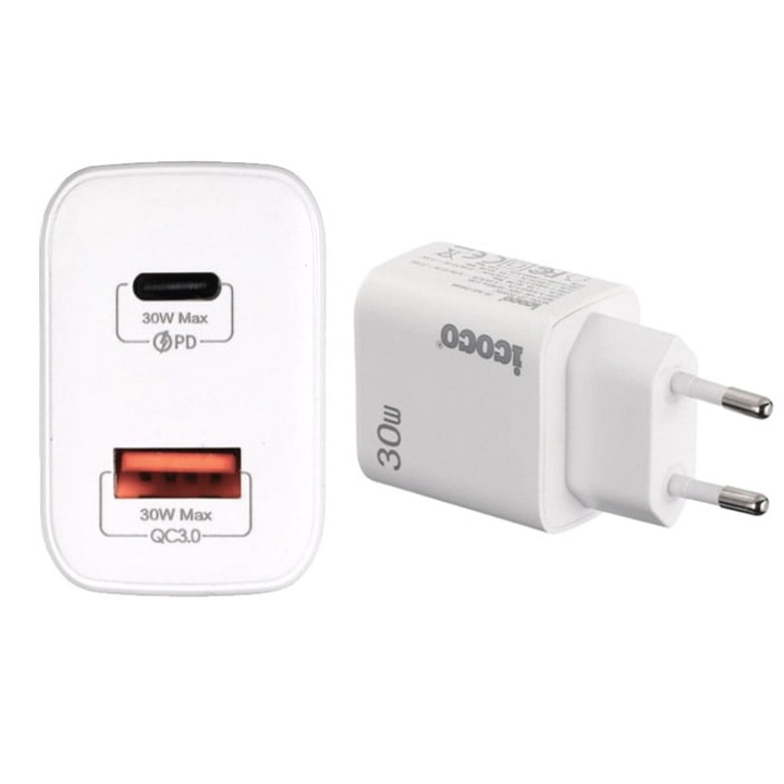 30W-os telefontöltő, 2 foglalat, Type-C és USB, 3A, Qualcomm, gyorstöltés