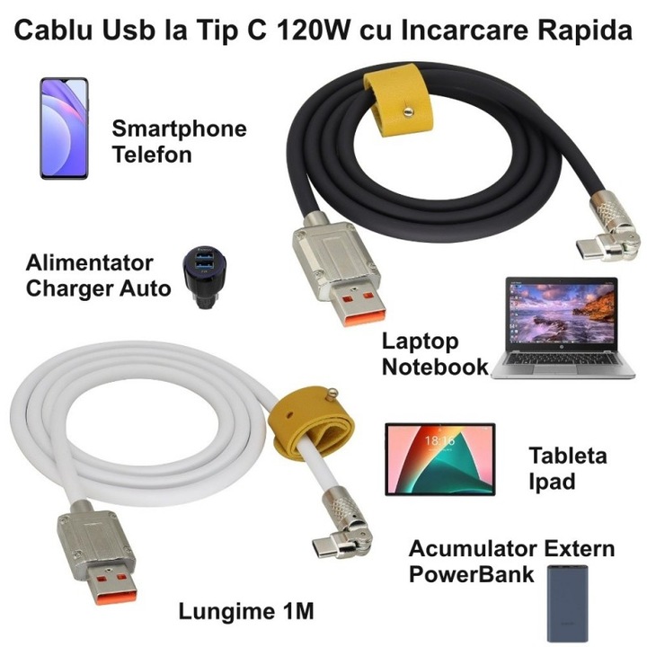 Szupergyors 120W USB C típusú kábel - Fehér/Fekete CA-8833