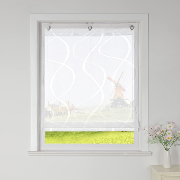 Rulou Roman, Stil Burnout, Montaj Fara Gaurire, 100% Poliester Transparent, 60x140 cm, Alb