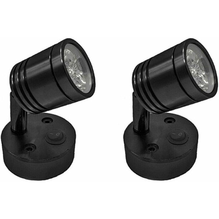 Комплект от 2 броя, LED спот лампа 12V за четене / нощна лампа, с регулируем превключвател, 3W, 6000K (естествена светлина), Черна
