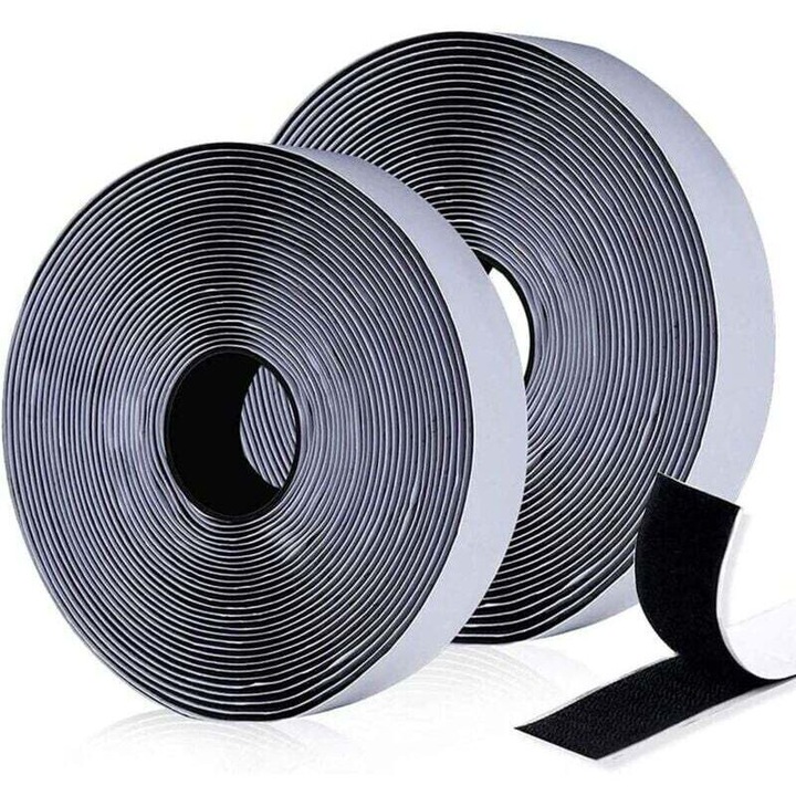 Banda velcro autoadeziva cu carlig si bucla, nylon durabil, rezistenta la intemperii, Negru, 2 role x 10 m x 20 mm