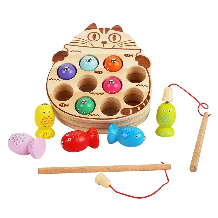 Lean Toys mágneses horgászjáték, fából készült macska, 10 hal és 2 horgászbot, 3+ év