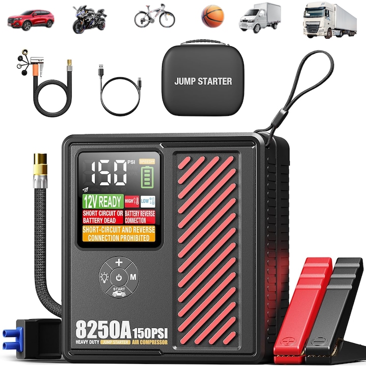 Starter auto Portabil cu Compressor Multifunctional 4in1, Dasbo, 12V, Wireless cu Baterie 24000mAh, motor Benzina sau Diesel, Pompa Anvelope 150 PSI, Starter Baterie, Power Bank, Lanterna LED 300 lm, Protectii Inteligente, Portabil, Clesti inteligenti