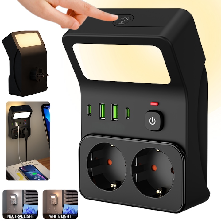 Адаптер Разклонител 7 в 1 с LED нощна лампа Dasbo®, 2 EU контакта, 2 USB-A, 2 USB-C, Регулируема LED светлина, 3 цветови температури, Защита от пренапрежение, Защита от претоварване, Защита за деца, Превключвател ON/OFF, Черен
