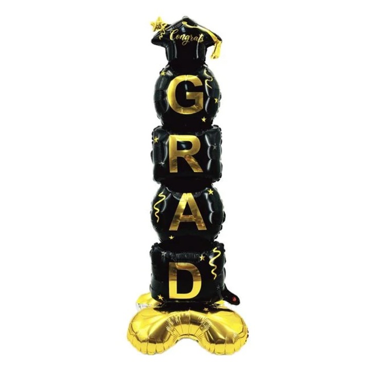 Fekete-arany fólia party léggömb talppal "Congratulations Grad!" 40x110cm