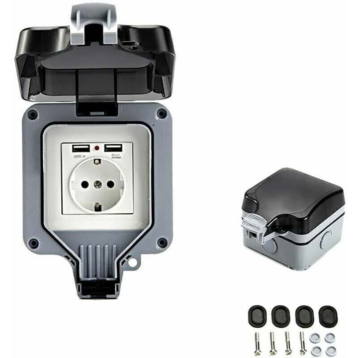 Kültéri fali aljzat, dupla, 2 USB porttal, vízálló, 220-250 V, 16 A, fali dobozzal együtt, szürke/fekete, 1 db