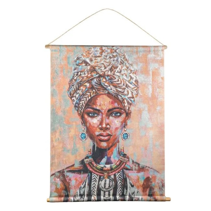 Etnikai Textil Kép „Színes Női Figura” Fa Tartókkal 76x97cm