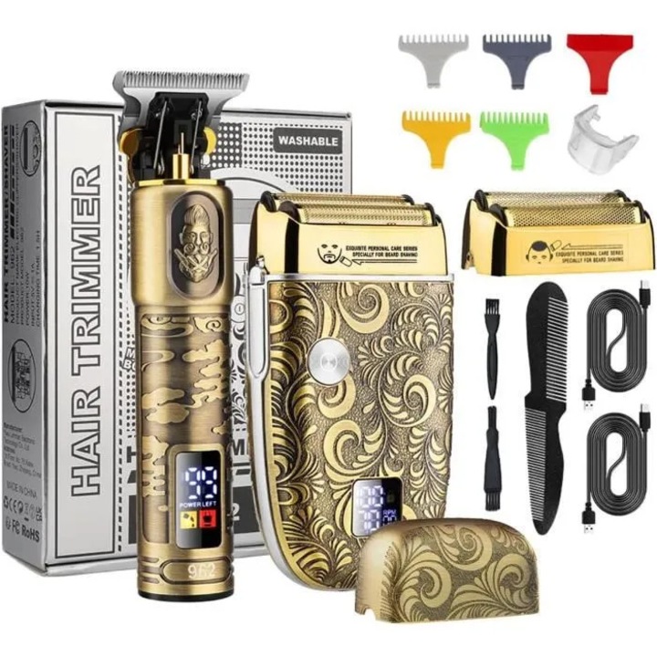 Hajvágó / trimmer J429 modell, precíziós rozsdamentes acél pengék, mosható és vízálló, digitális kijelző, USB töltés, arany