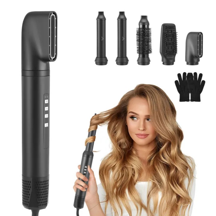 Perie de coafat 5 in 1 / air styler, 1200W, set 5 accesorii (2 bigudiuri 32 mm, perie rotunda, perie plata, duza), functii uscare, ondulare, netezire si volum, Negru, 1 set