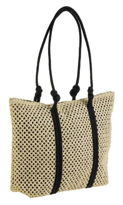 Geanta de Umar Ecru cu Manere Negre Nod pentru Femei 44x11x32cm
