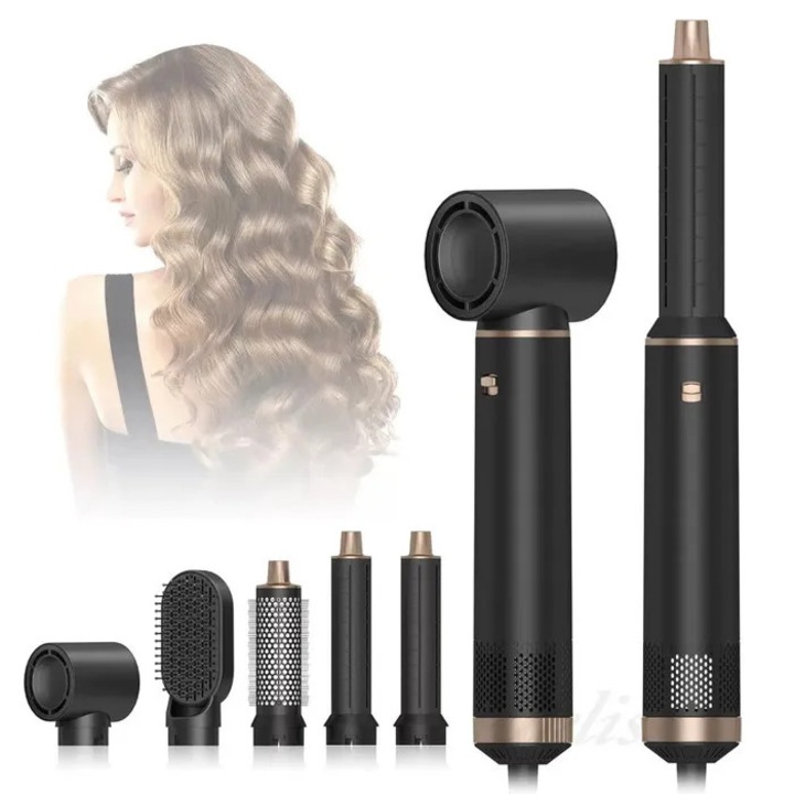 Perie rotativa / Uscator de par 6 in 1 Air Styler, 6 accesorii interschimbabile, pentru uscare, netezire si ondulare, Negru, 1 buc