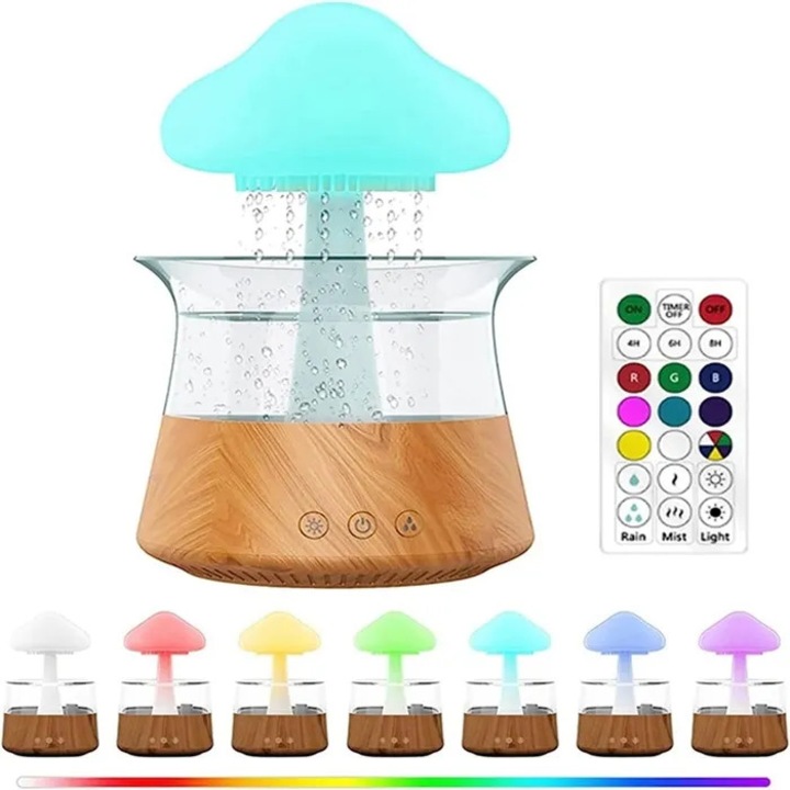 Gomba modellű aromaterápiás párásító diffúzor, 7 LED szín, távirányító, szimulált esőhang, 5 órás időzítővel ellátott köd üzemmód, többszínű, 1 db