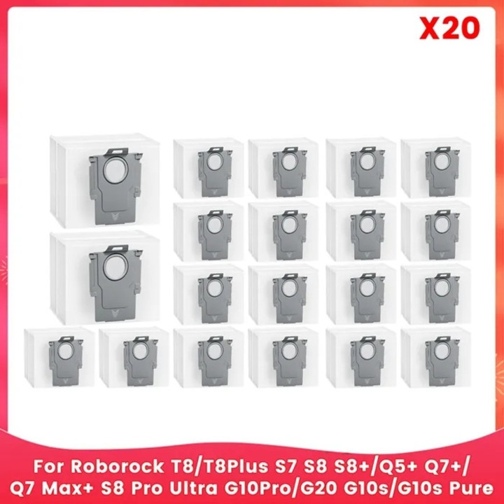 20 darabos készlet, porzsák porszívóhoz, kompatibilis Roborock T8/T8Plus S7 S8 S8+/Q5+/Q7+/Q7 Max+/S8 Pro Ultra/G10Pro/G20/G10s Pure, vákuumzsák, fehér