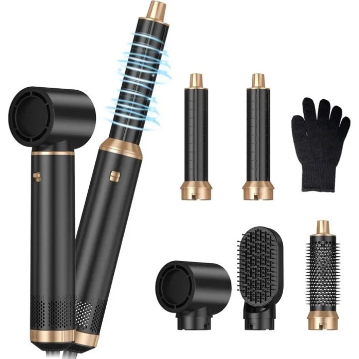 Perie de uscat si coafat Airbrush 5 in 1, cu ioni negativi 200 milioane, 3 temperaturi reglabile 50/80/105°C, capete interschimbabile 30 mm, negru/auriu, 1 buc