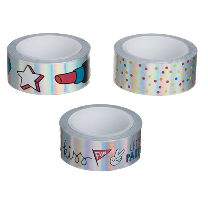 Benzi Adezive Washi Tape Argintii Holografice cu Modele 5m x 1, 5cm - 3buc
