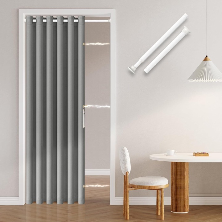 Perdea Blackout Cu Tija Inclusa, Montare Fara Gaurire, Inchidere Magnetica, H201 x W130 cm, Gri