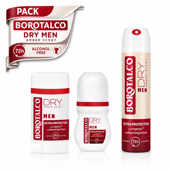 Пакет Borotalco Dry Men Amber – Спрей, Рол-он и Стик
