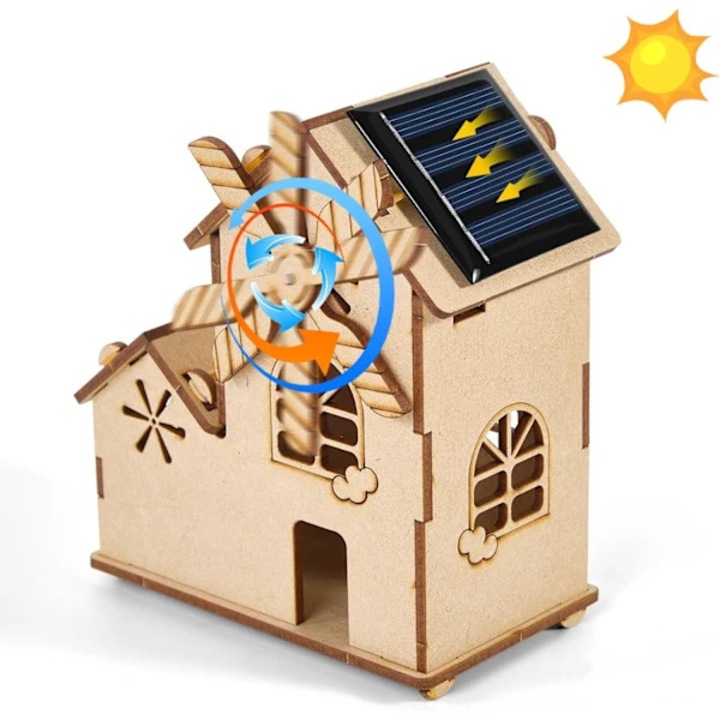 Casuta Moara de Vant cu Energie Solara – Puzzle 3D din Lemn DIY pentru Copii, Model Educational pentru Copii cu Varste cuprinse intre 8 si 12 Ani